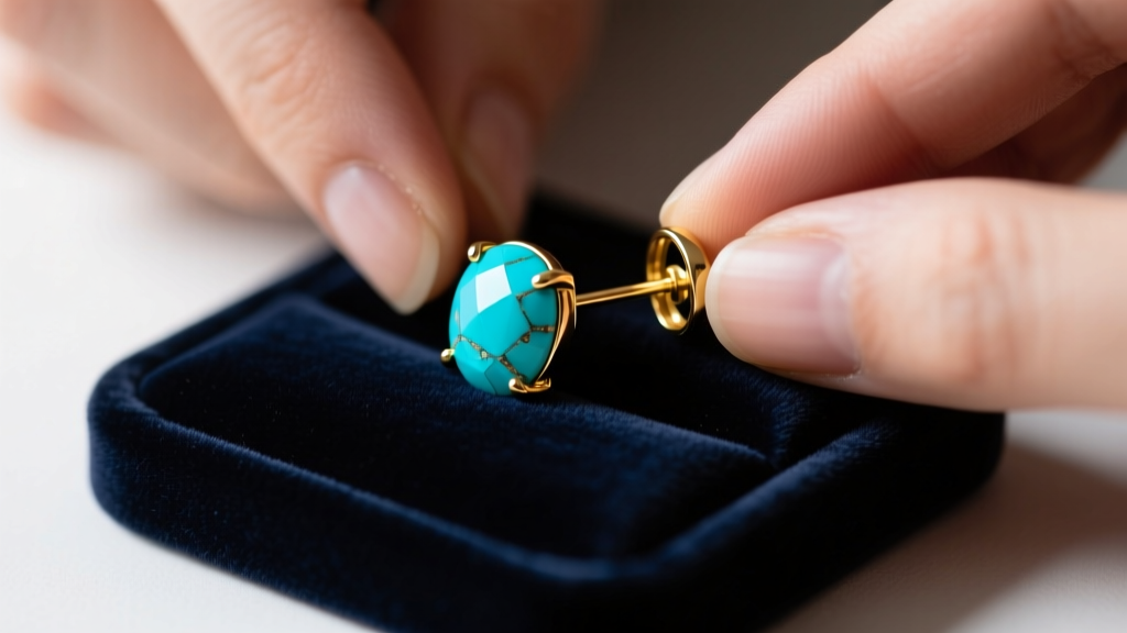 Jeweler examining the 18-gauge gold post and friction clutch of a luxury turquoise stud earring on a dark velvet inspection pad.