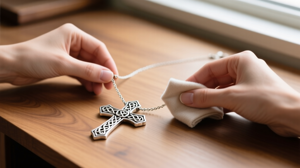 Hands using a polishing cloth to clean a vintage sterling silver James Avery cross necklace with Celtic knots on a wooden desk.