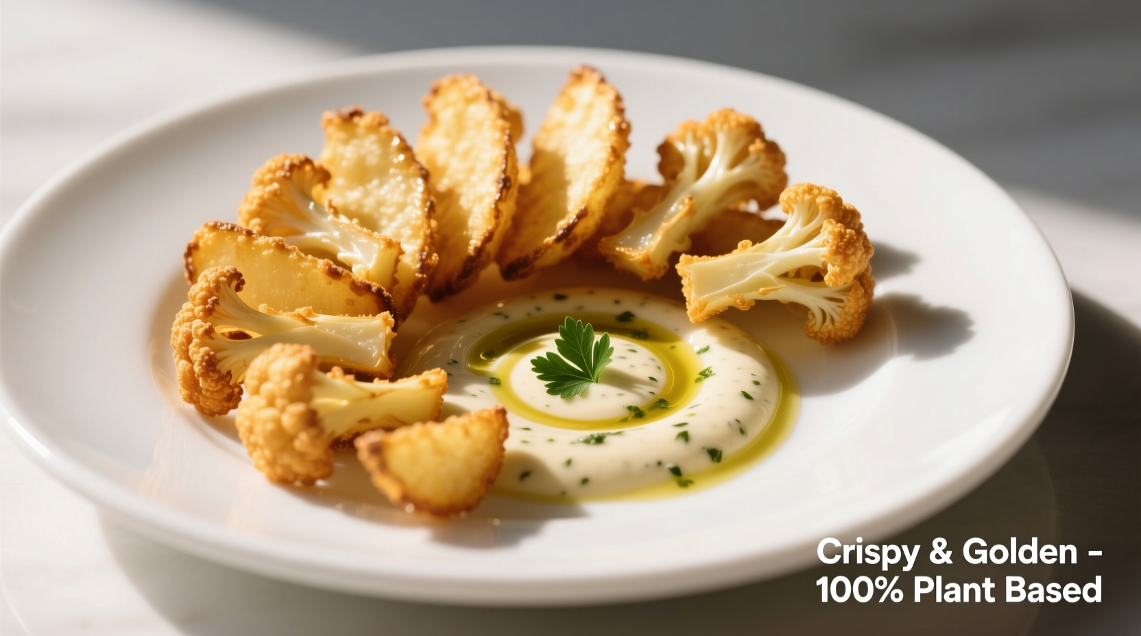 Golden crispy cauliflower fries on white plate with dipping sauce