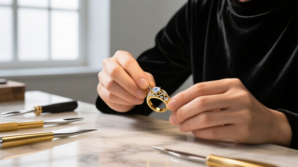 Jeweler's loupe on black velvet next to an 18k gold pendant, showing a magnified inset of the 750 millesimal fineness hallmark.