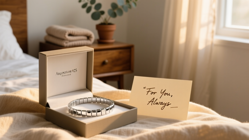 Open gift box revealing an Argentium 925 silver tennis bracelet next to a handwritten note, lit by warm ambient bedroom light.