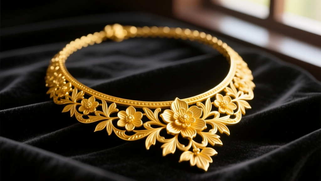 Close-up of a traditional Thai gold necklace with floral motifs, showing the deep yellow hue of 96.5% purity gold on dark velvet.