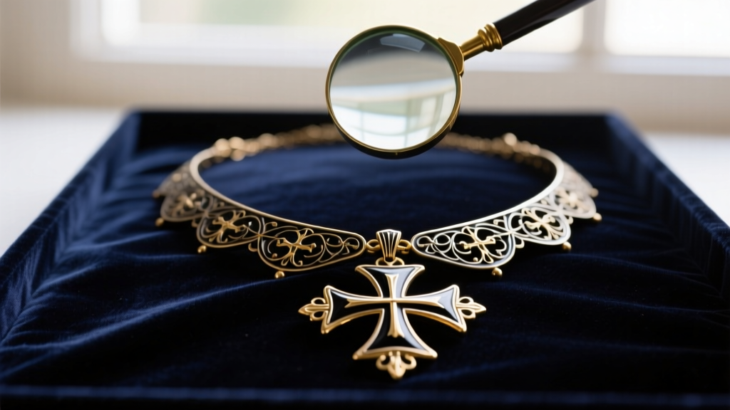 A flat-lay photograph of an authentic Victorian-era black enamel Knights of Malta necklace resting on dark velvet with a loupe.