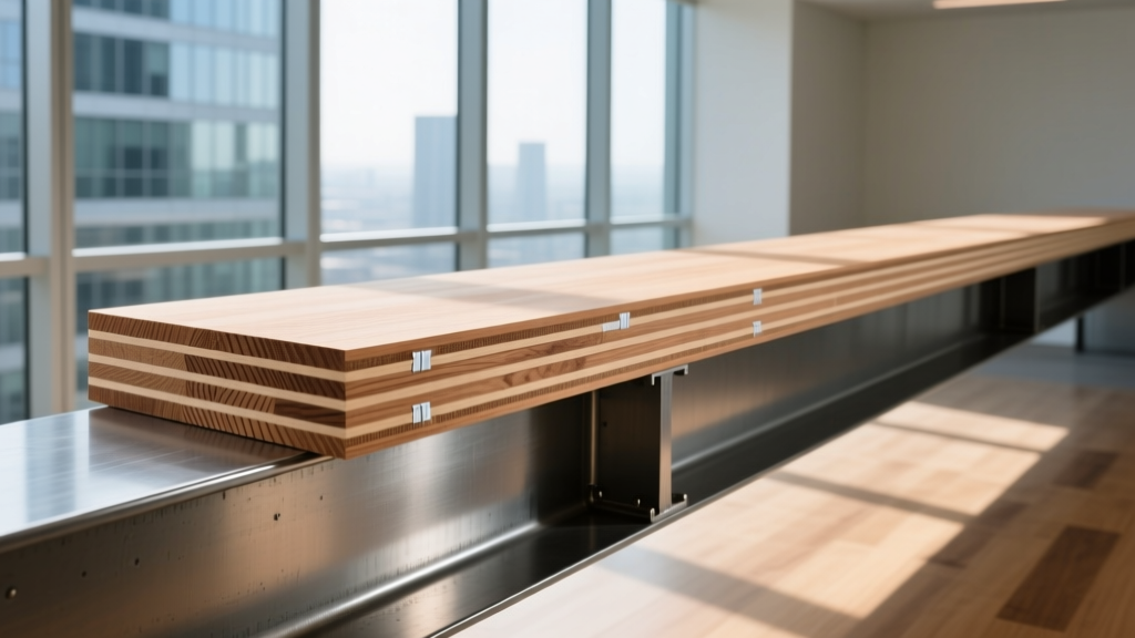 Cross-section of a five-ply cross-laminated timber floor panel resting on a steel beam in a commercial mid-rise building