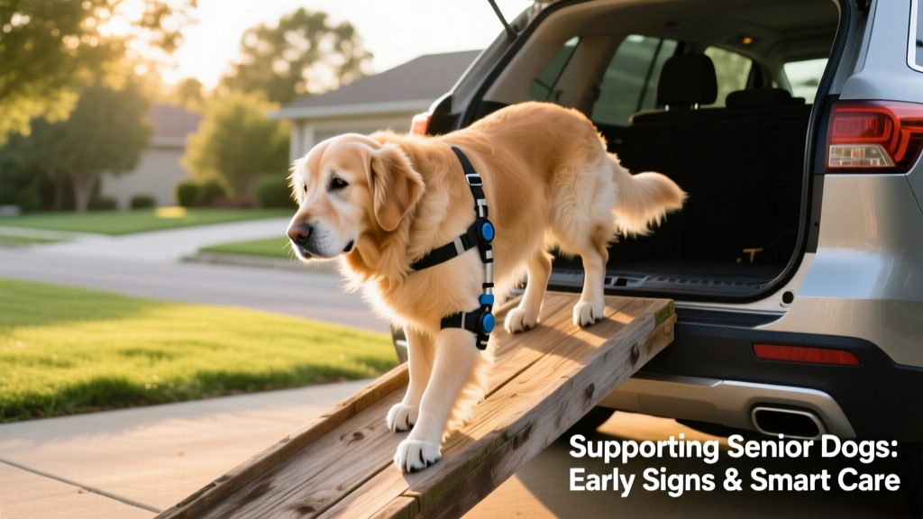 Dog using a sturdy wooden ramp to enter a vehicle safely