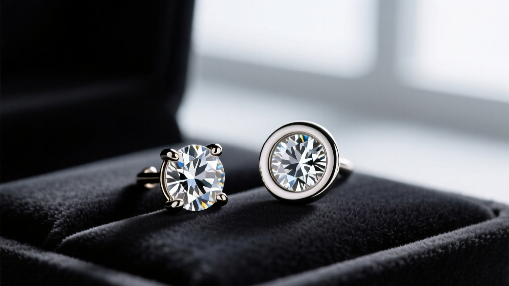 Close-up comparing a low-profile four-prong diamond stud and a smooth bezel-set flat diamond earring on a dark velvet display pad
