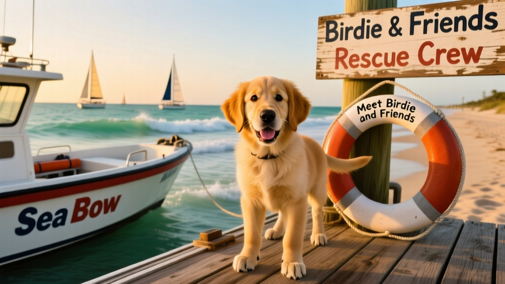 dog on Sea Tow boat with Wrightsville Beach in the backgound