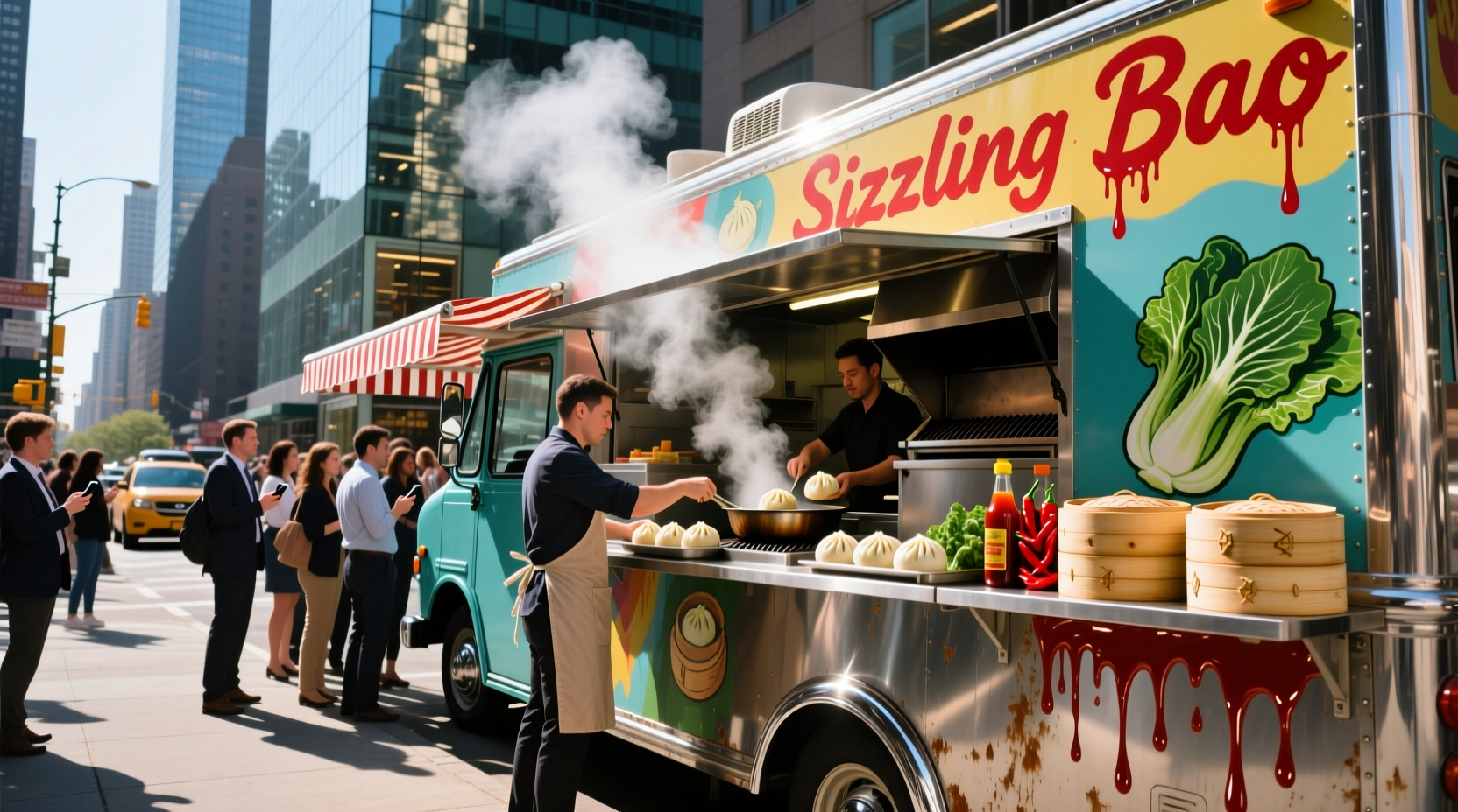 Food van serving customers at a busy downtown location