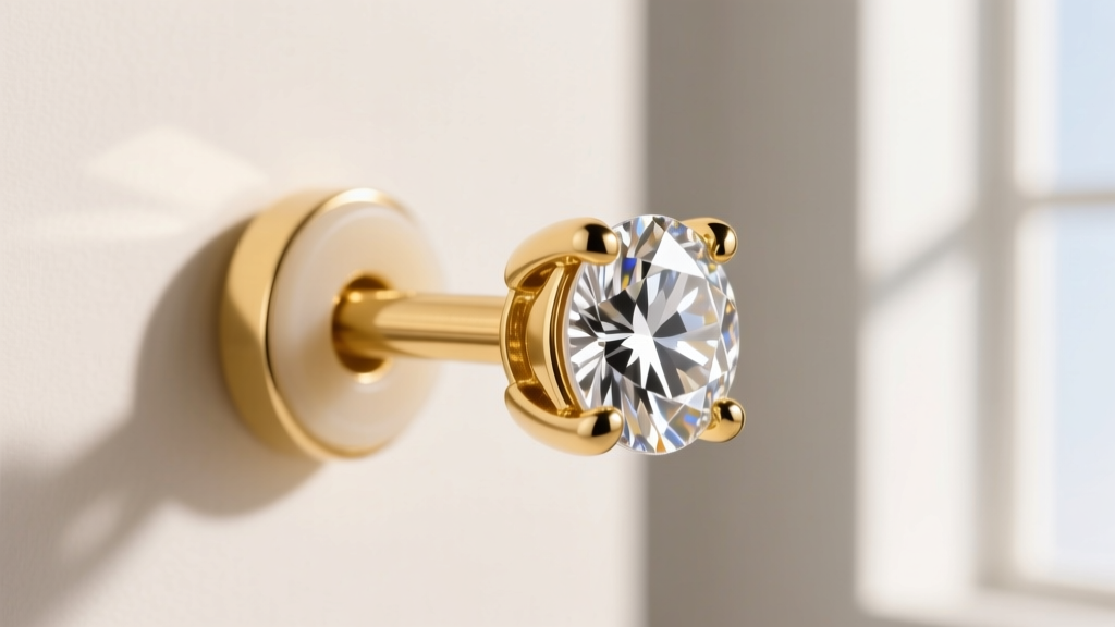 Close-up of an 18-gauge gold earring post secured with a silicone friction back, holding a delicate diamond ear jacket component.