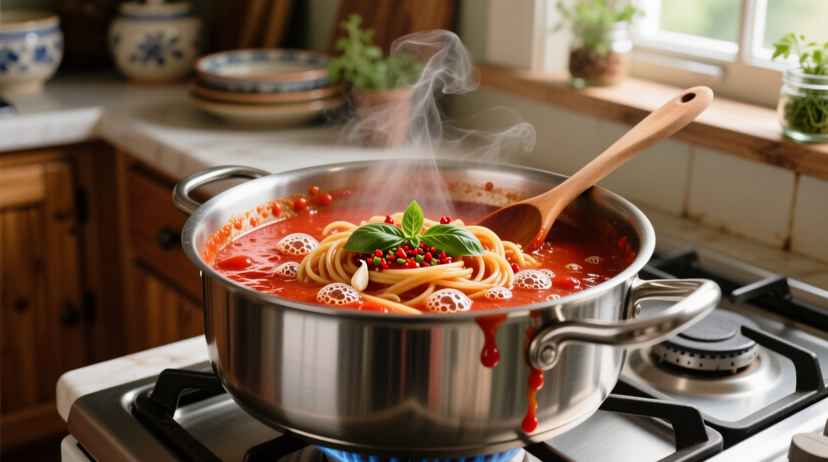 Homemade tomato pasta sauce simmering in stainless steel pot