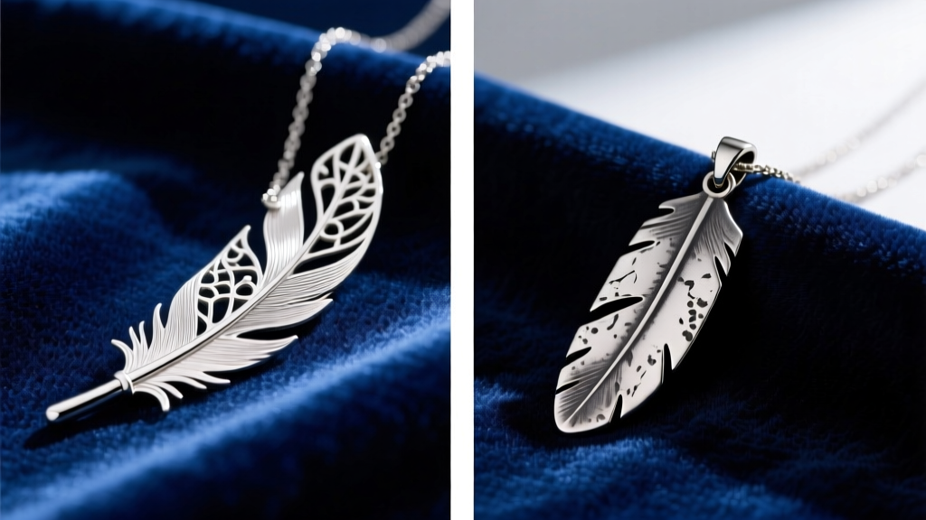 Side-by-side comparison of a hollow silver feather necklace and a solid hand-stamped artisan feather piece on blue velvet fabric.