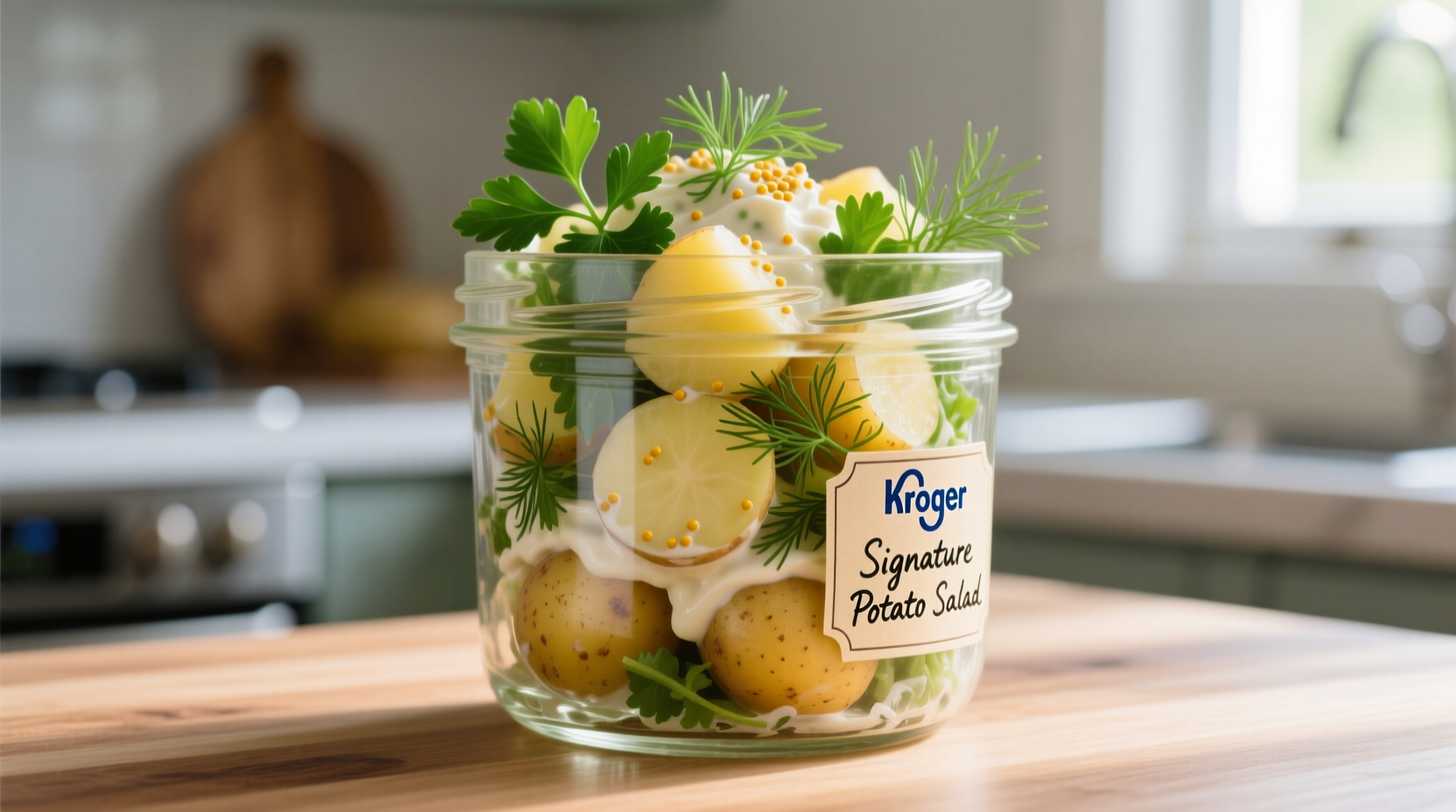 Kroger potato salad in clear container with fresh herbs