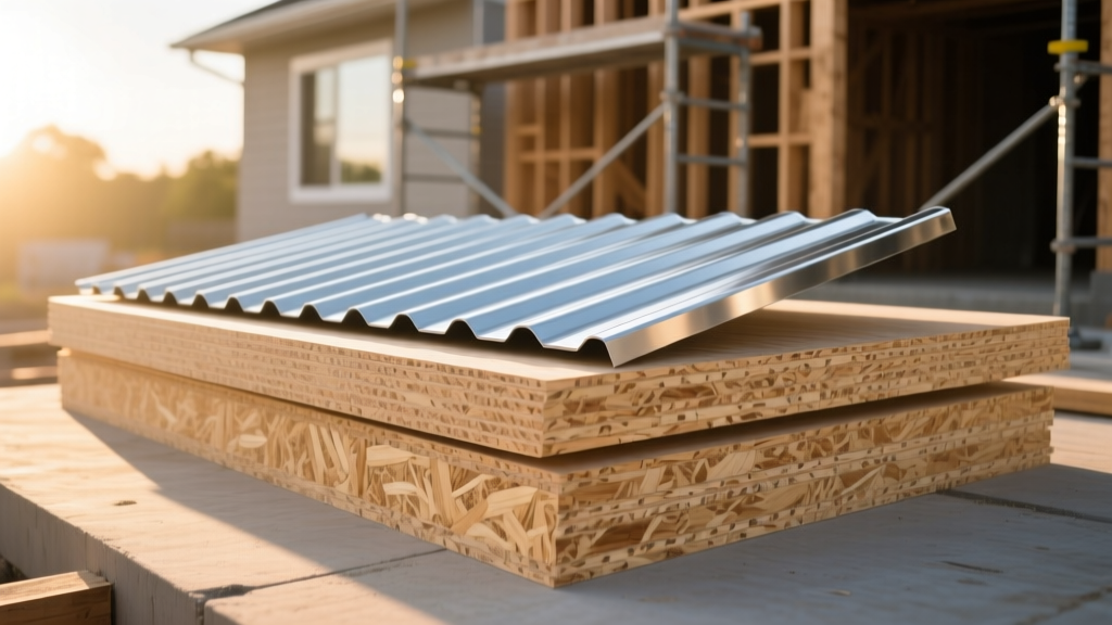 Oriented strand board and corrugated metal roofing panels stacked on a residential construction site under bright morning sunlight.