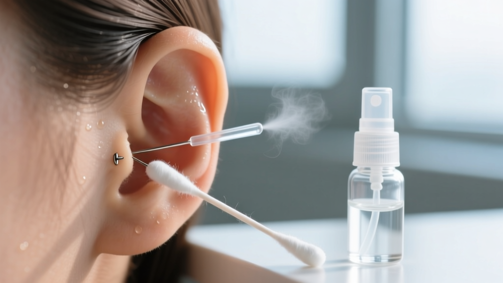 Sterile cotton swab gently applying clear saline solution to the back of an earlobe piercing, next to a small glass spray bottle.