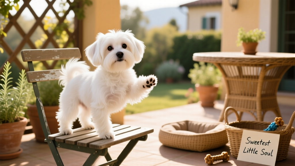 white malchi standing on a patio chair