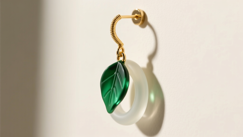 Side view of a botanical dangle earring showing an 18-gauge gold stem and a silicone back for optimal weight distribution