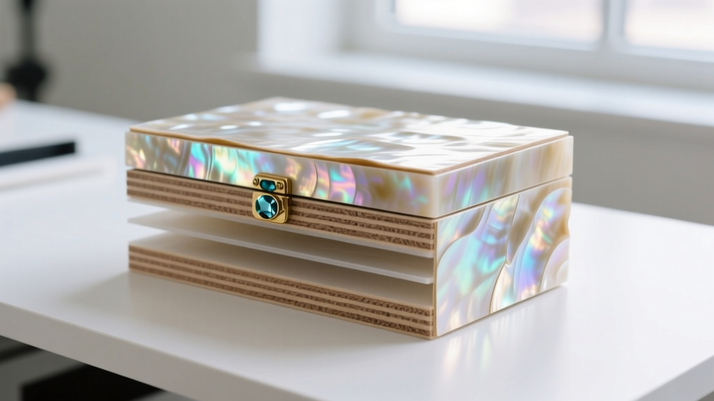 View of the MDF core, adhesive layer, and capiz shell exterior of a high-end gemstone storage chest resting on a clean workbench.