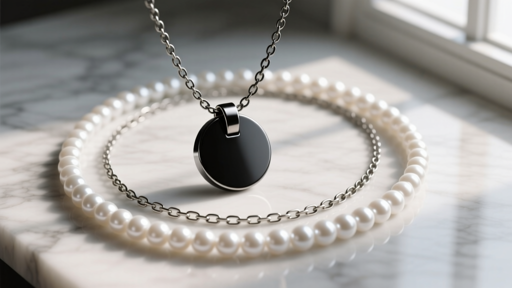Layered necklace styling featuring a matte black steel breath pendant mixed with a delicate pearl strand and fine paperclip chain