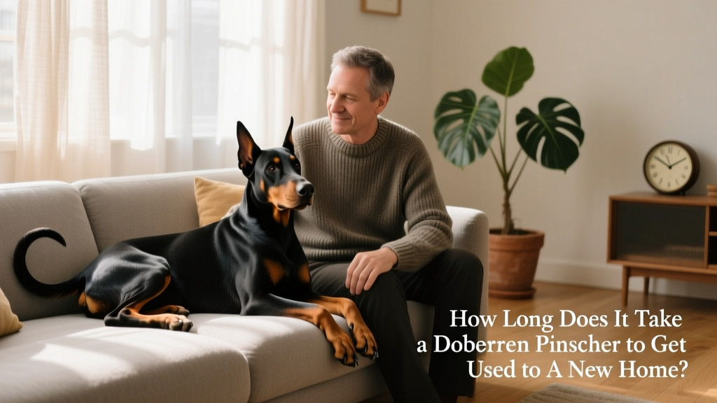 A Doberman resting quietly beside their owner on a sofa, showing relaxed body language and soft eye contact