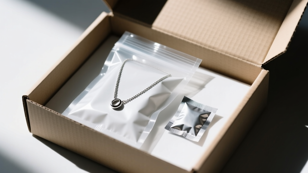Sealed anti-tarnish polyethylene bag holding a stainless steel necklace and silica gel packet inside a corrugated cardboard box