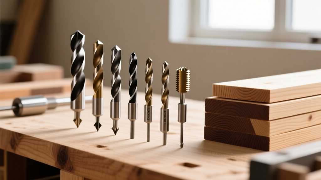 Workbench displaying assorted wood drill bits including brad point, spade, and Forstner bits next to stacked oak and pine lumber.