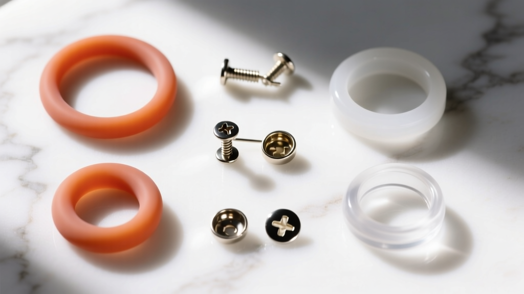 Flat lay of silicone o-rings, metal screw backs, and plastic push earring backs arranged on a white marble surface, top-down view.