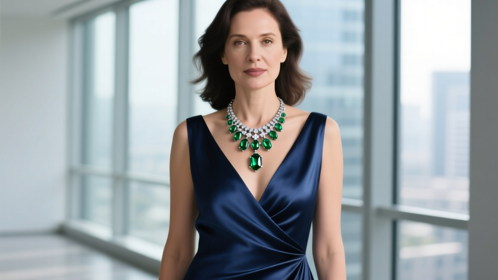 Woman in a deep V-neck silk gown wearing a cascading asymmetric Zambian emerald statement necklace set in bright platinum