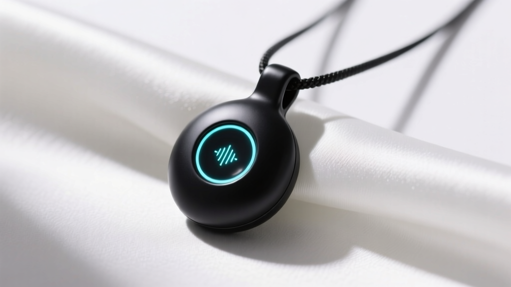 Matte black ceramic smart necklace pendant resting on white silk, glowing faintly with a hidden biometric LED sensor window.