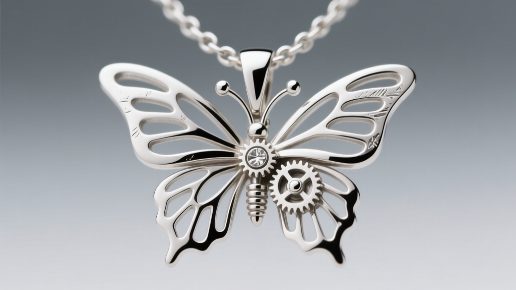 Macro photo of a micro-hinge mechanism connecting the articulated wings of a cast sterling silver butterfly necklace pendant.