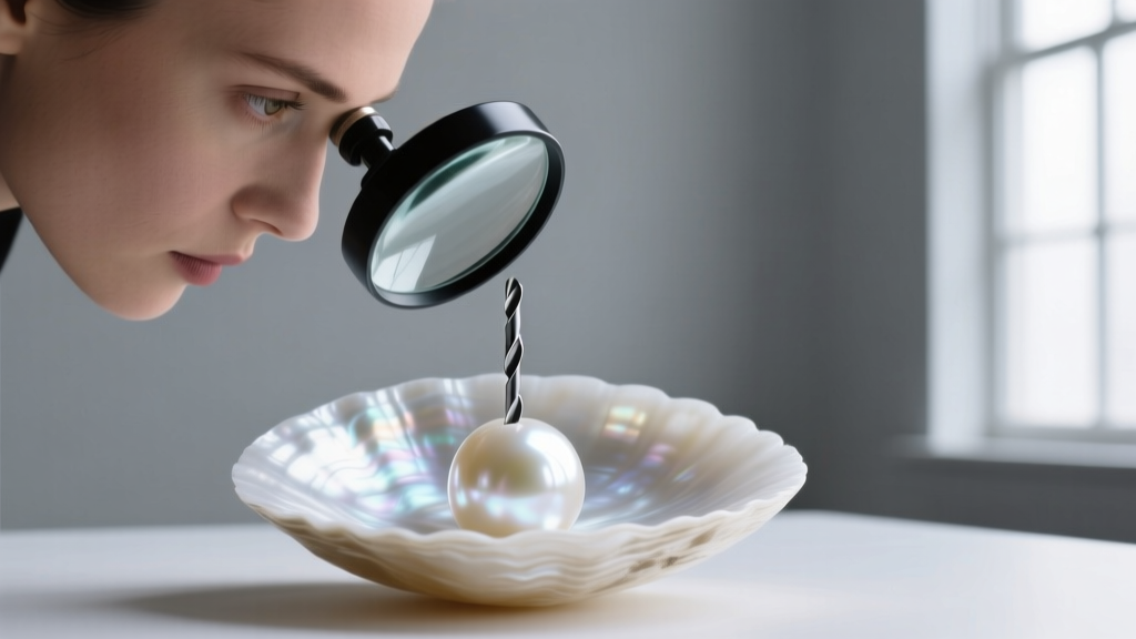 Jeweler using a loupe to inspect an Akoya pearl drill hole, revealing thick nacre layers over the white shell bead nucleus