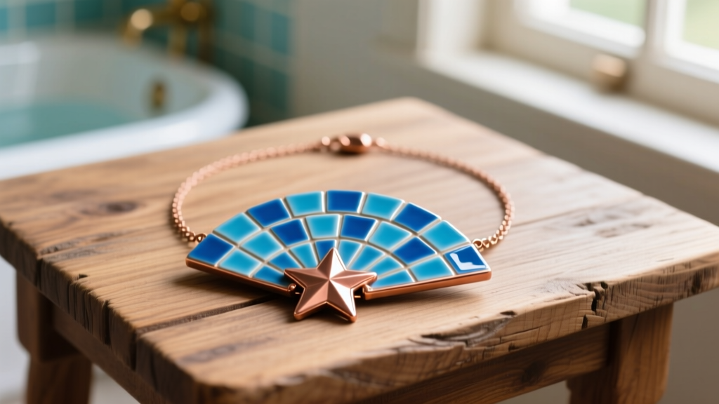 Fan-made Stardew Valley bath house necklace with blue enamel spa tiles and a copper star clasp resting on a rustic wooden table