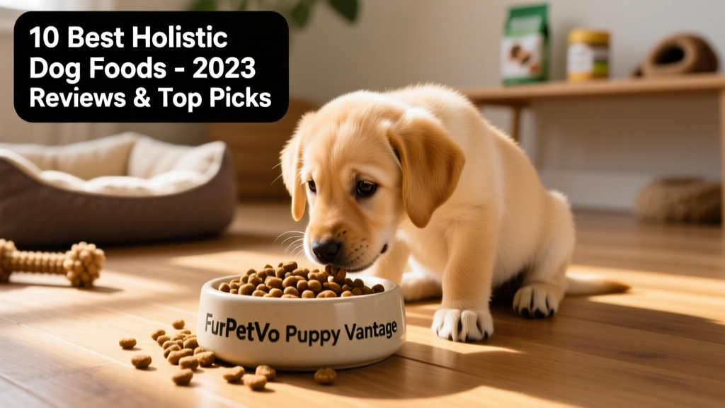 A fluffy 10-week-old Labrador puppy eating from a shallow bowl filled with FurPetVo Puppy Vantage kibble