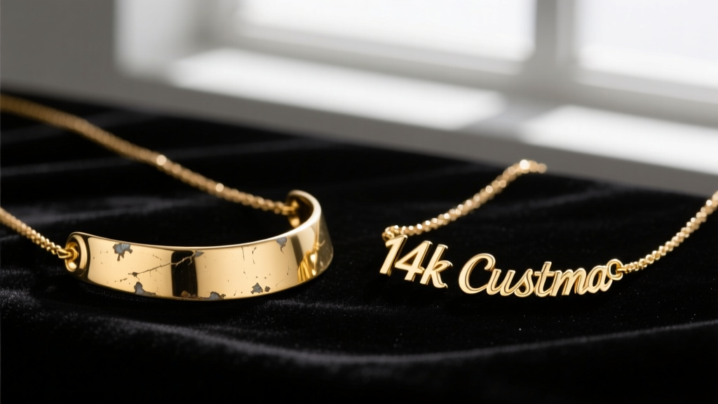 Studio lighting comparison of a worn gold vermeil name necklace beside a pristine solid 14k gold custom name necklace on velvet.