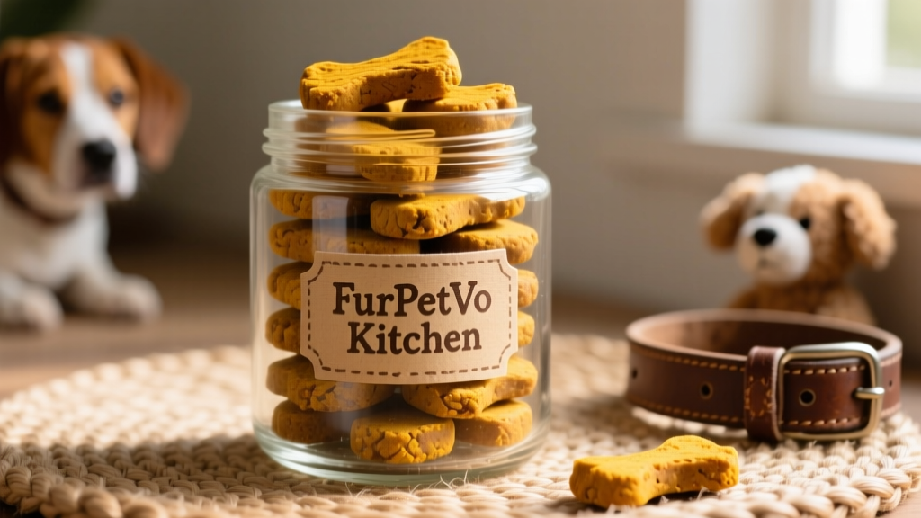 Stack of golden-brown turmeric and coconut dog treats in a glass jar with label 'FurPetVo Kitchen'