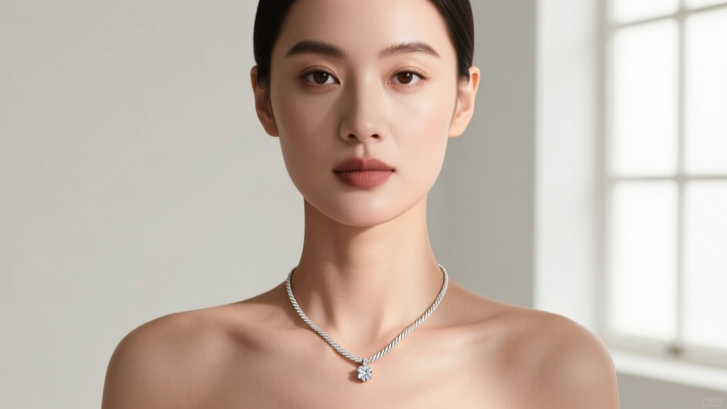 Woman wearing a delicate 1mm 18k white gold cable chain necklace with a small diamond pendant, illuminated by soft window light.