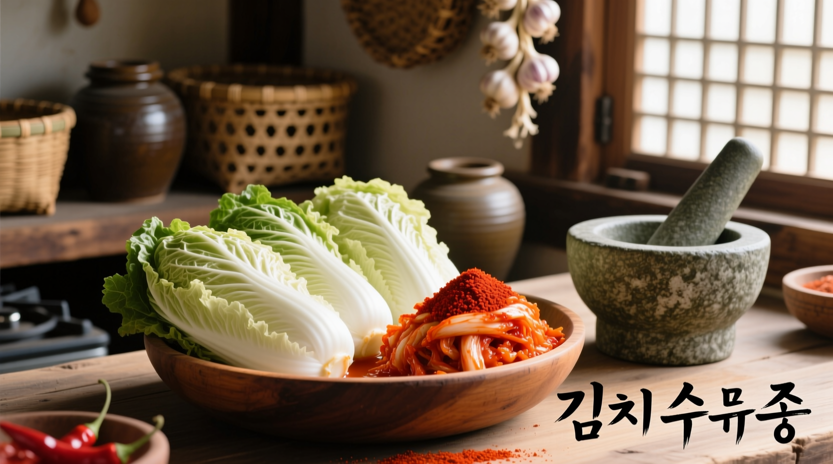Fresh napa cabbage and gochugaru for kimchi preparation