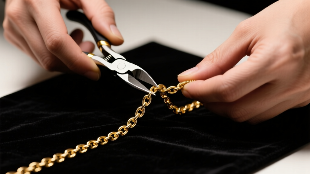 Jeweler hands using flush cutters to snip a delicate gold cable chain on dark velvet mat under soft focused studio lighting setup.