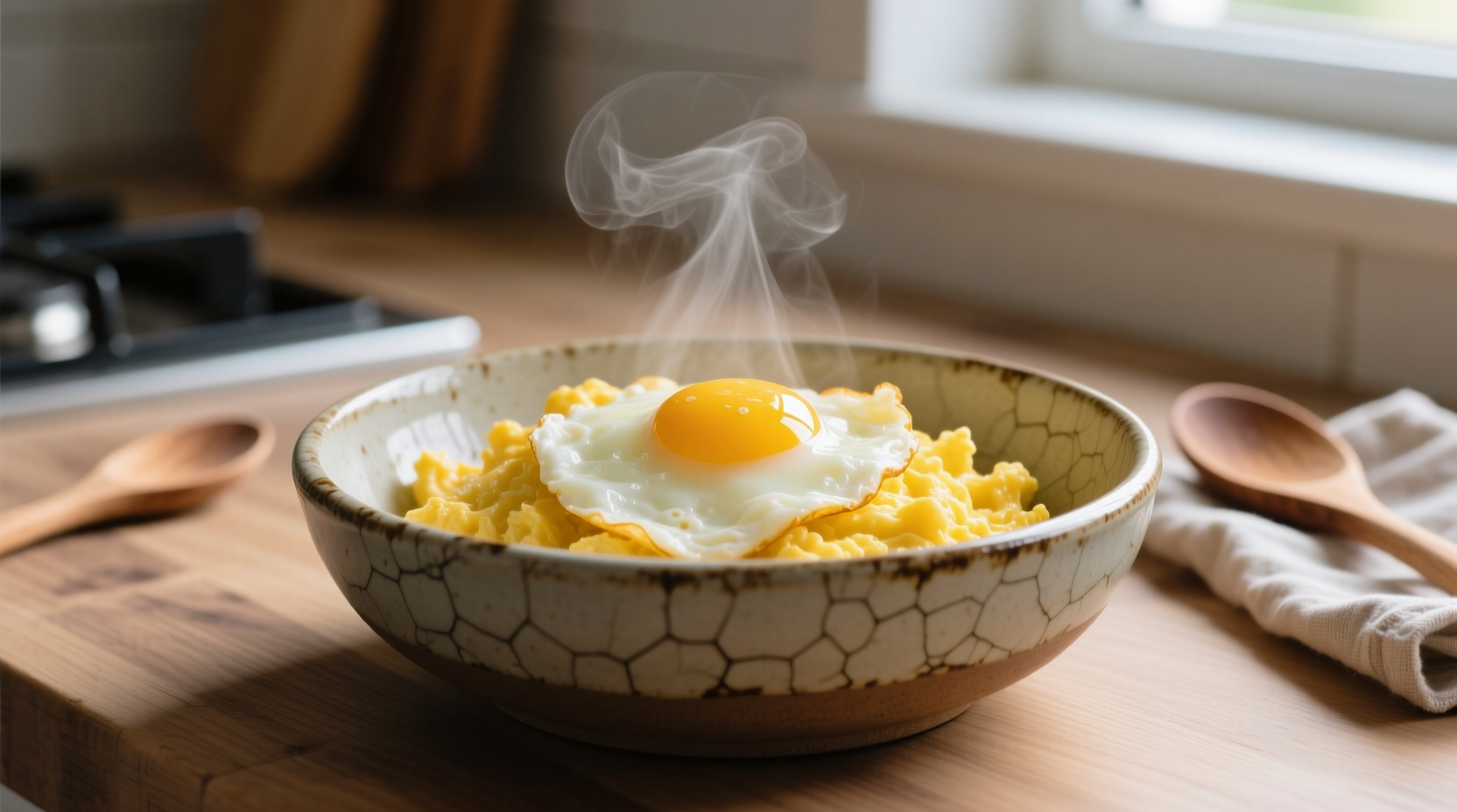 Microwave scrambled eggs in ceramic bowl