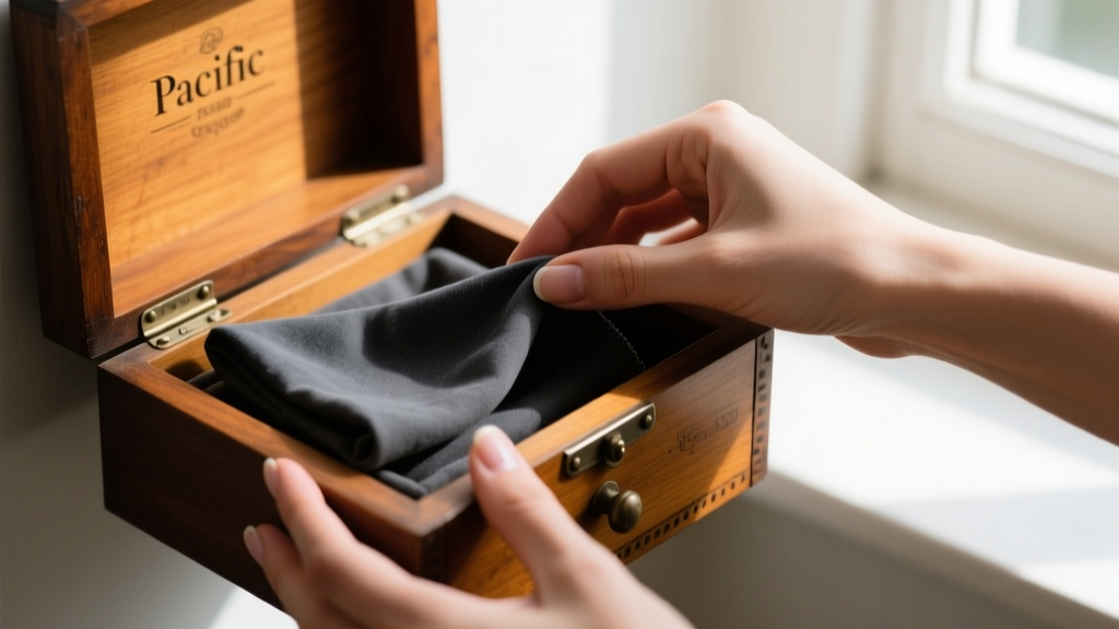 Hands placing a dark grey anti-tarnish Pacific cloth inside a small drawer of a refurbished wooden jewelry box to protect silver