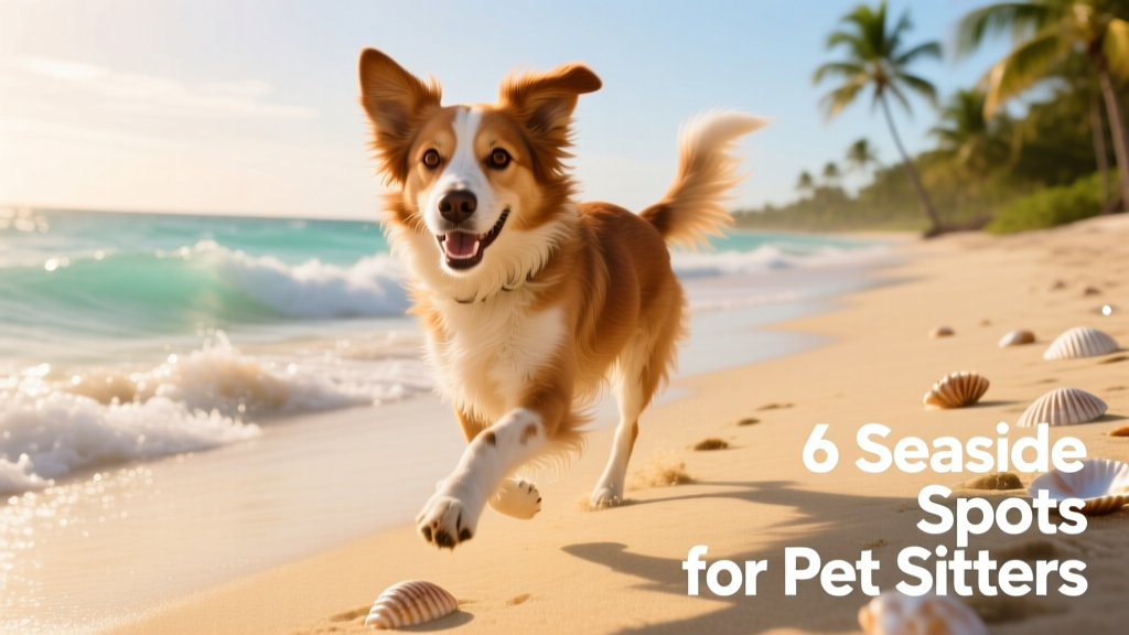 Carnie, a happy mixed-breed dog, trotting along a sunlit Caribbean beach with gentle waves rolling in