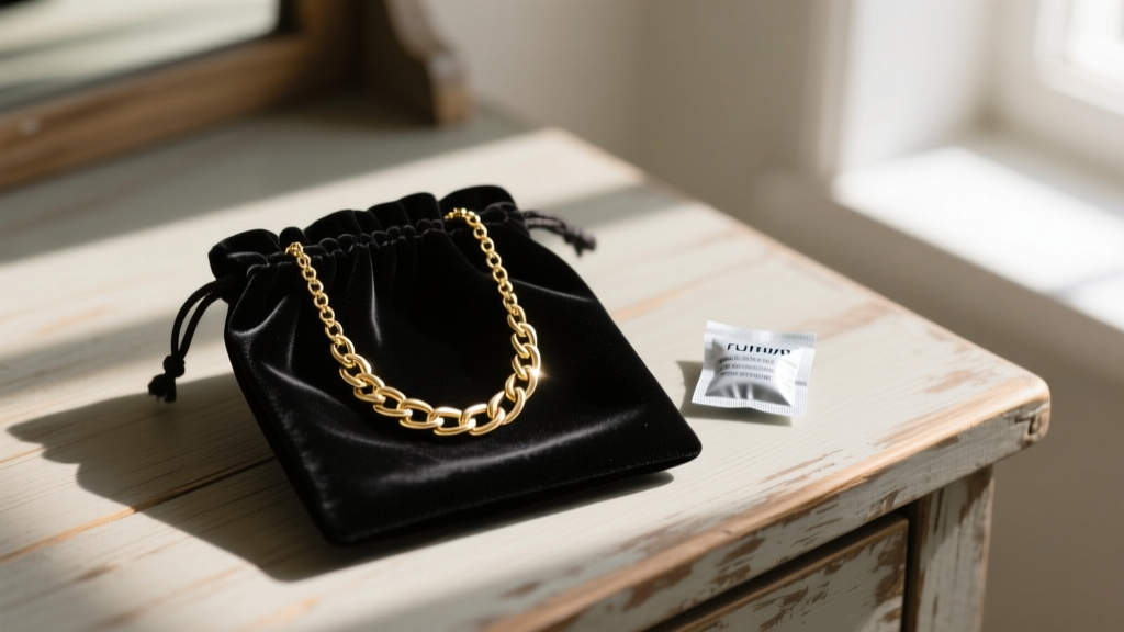 Black gold lariat necklace stored inside an anti-tarnish velvet pouch next to a silica gel packet on a wooden vanity table.
