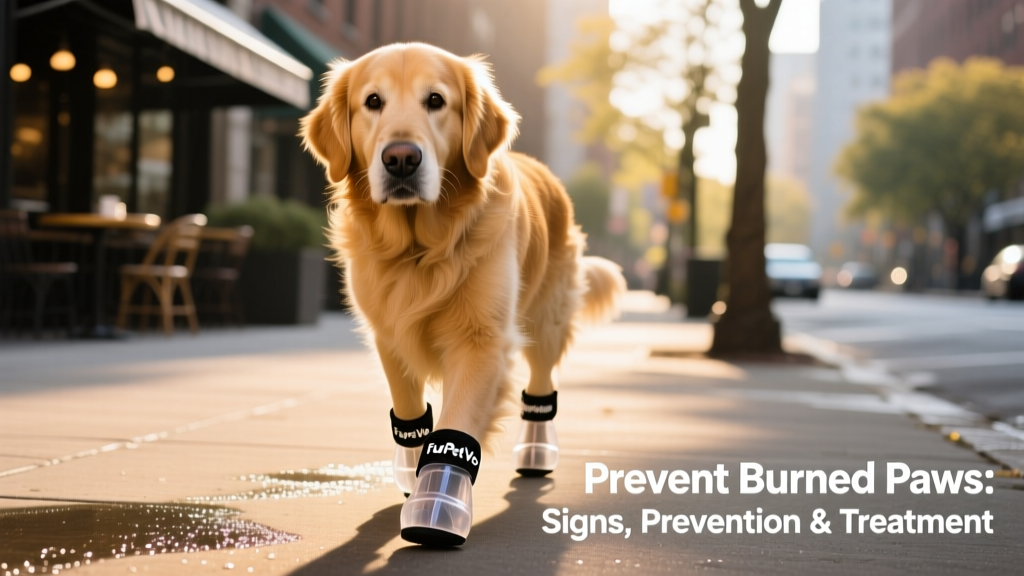 Dog wearing lightweight FurPetVo booties while walking on sunlit pavement
