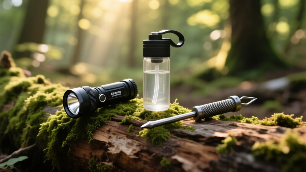 Flat lay of budget outdoor gadgets including a tactical flashlight, water filter, and ferro rod resting on a mossy log with dappled forest sunlight