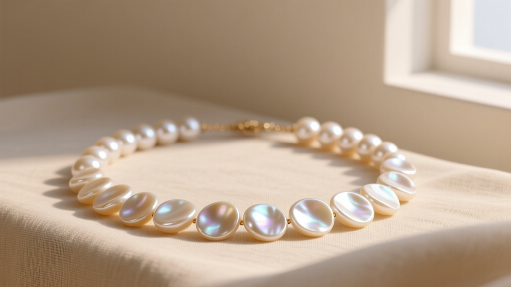 Flat pearl necklace on beige linen, showing irregular coin shapes and bright luster under soft natural window lighting.