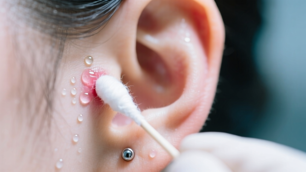 Close-up of a swollen earlobe piercing being gently cleaned with a sterile saline soaked cotton swab under bright clinical lighting