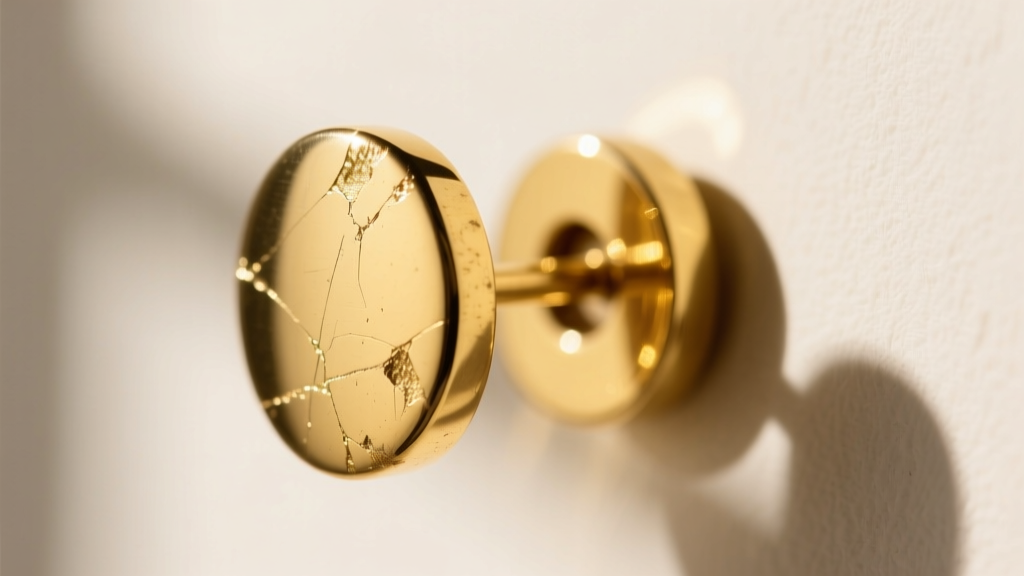 Close-up of a brass fashion earring post showing wear on the gold flash plating, revealing the yellowish base metal underneath