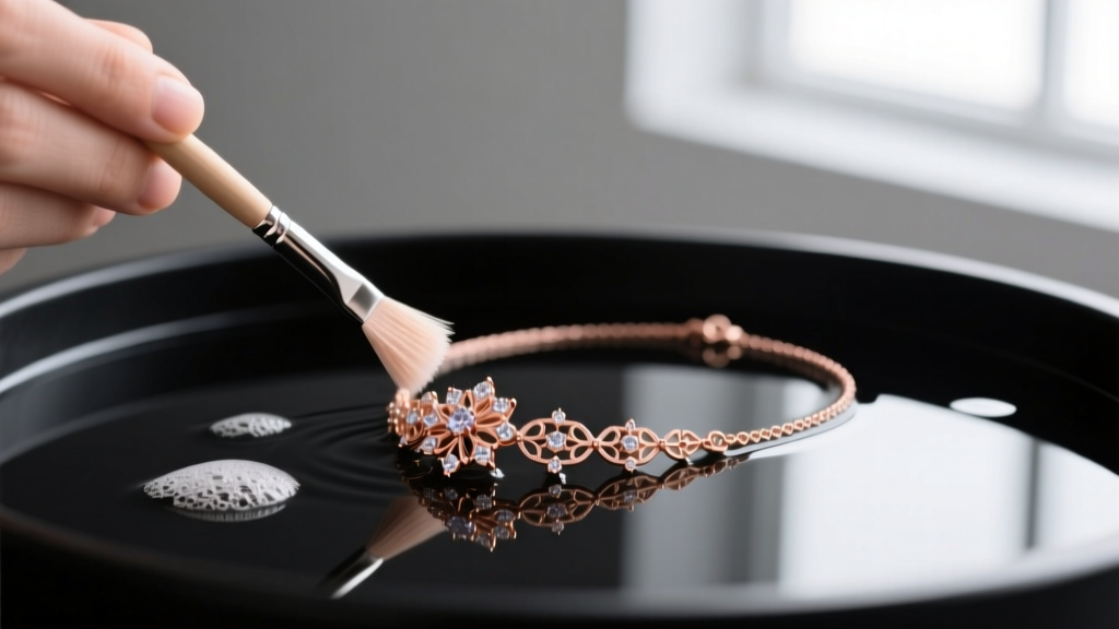Jeweler using a soft brush to clean a rose gold cluster charm necklace in mild soapy water under bright studio lighting