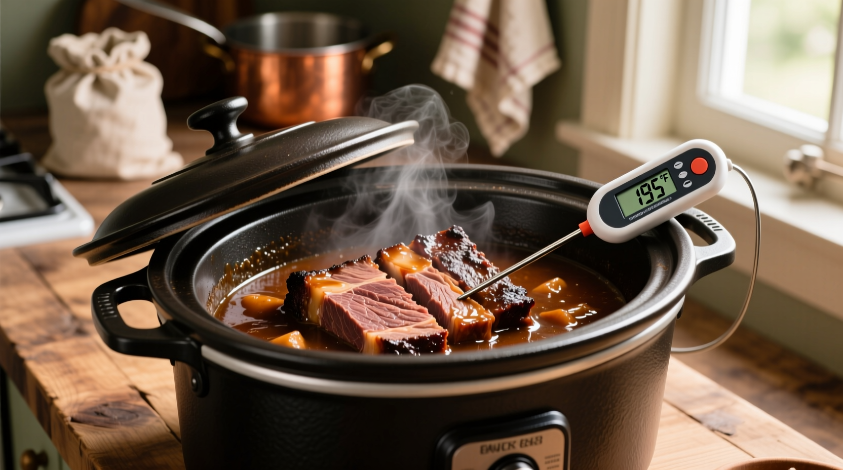 Slow cooker with tender brisket and cooking thermometer
