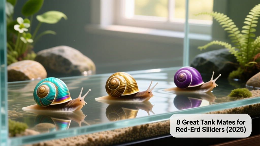 Three healthy mystery snails gliding across aquarium glass with visible operculums and vibrant shell bands