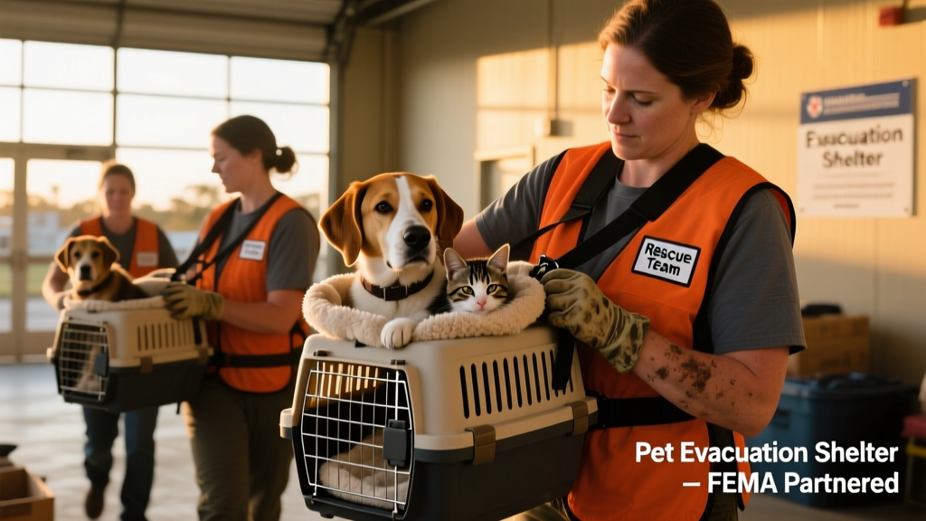 A team of volunteers gently carrying dogs and cats in carriers during a hurricane evacuation effort